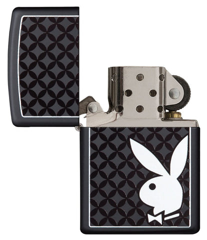 Front view of the White Playboy Bunny on Black Matte Lighter open and unlit.