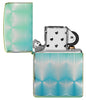 Pattern Design High Polish Teal Windproof Lighter with its lid open and unlit.