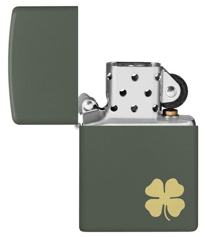 Four Leaf Clover Green Matte Windproof Lighter with its lid open and unlit.