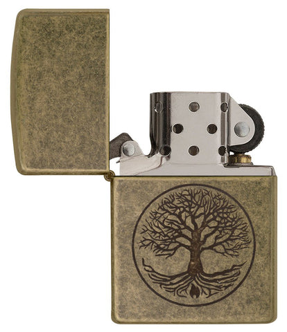 Tree of Life Antique Brass Windproof Lighter with its lid open and unlit.