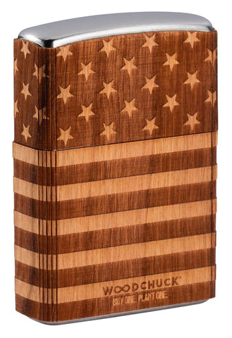 Back shot of WOODCHUCK USA American Flag Wrap Windproof Lighter standing at a 3/4 angle