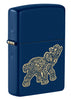 Front shot of Lucky Elephant Design Navy Matte Windproof Lighter standing at a 3/4 angle.